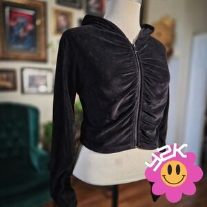 Roma Concept Velour Hoodie Black Vintage Y2K Cropped Ruched Zip Up Jacket Large‎